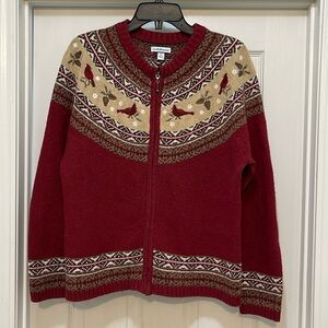 Croft & Barrow - zip up cardigan with cardinal bird fair isle - size PL